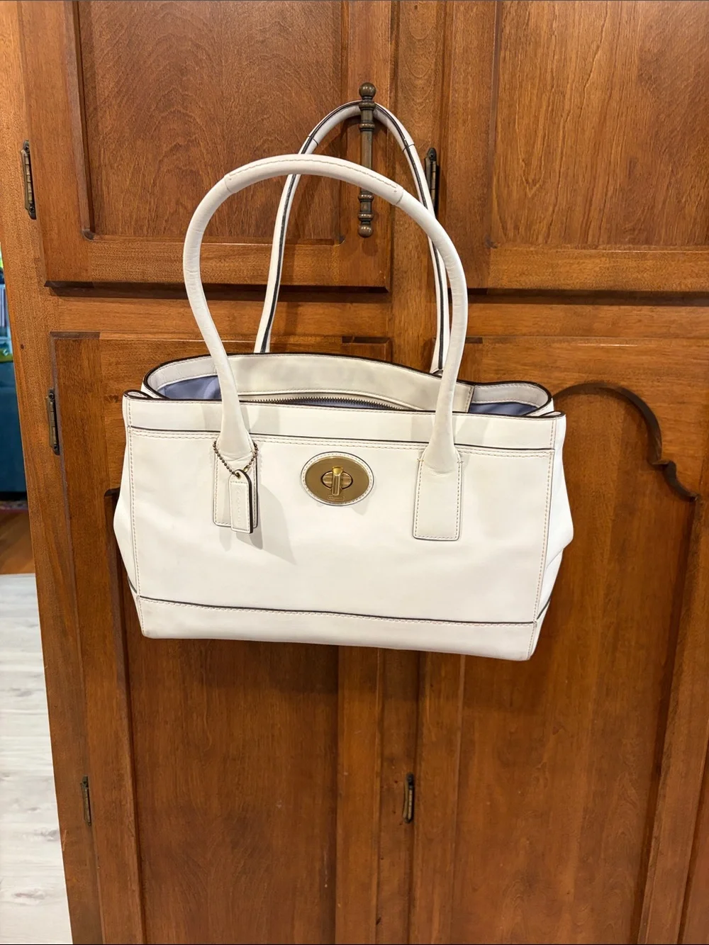 Coach Cream Leather Tote with Gold Turn-Lock